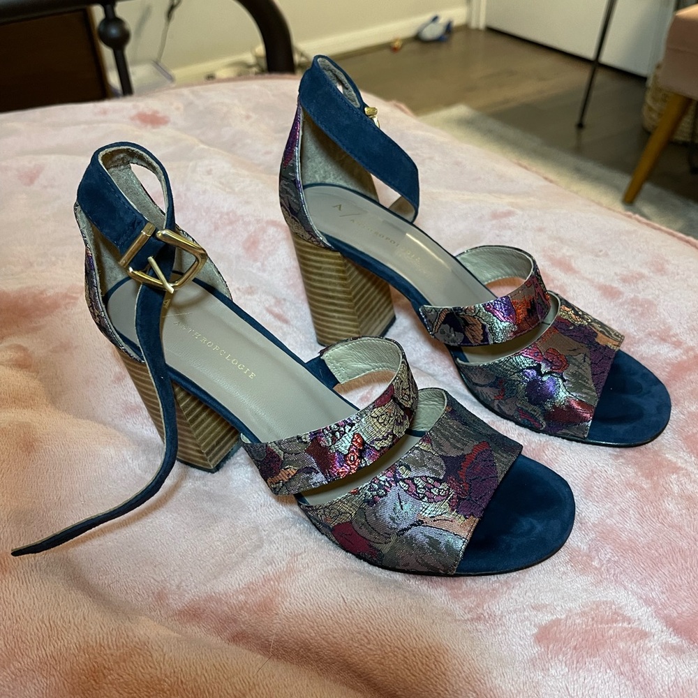 Anthropologie floral strap chunky heels size 37